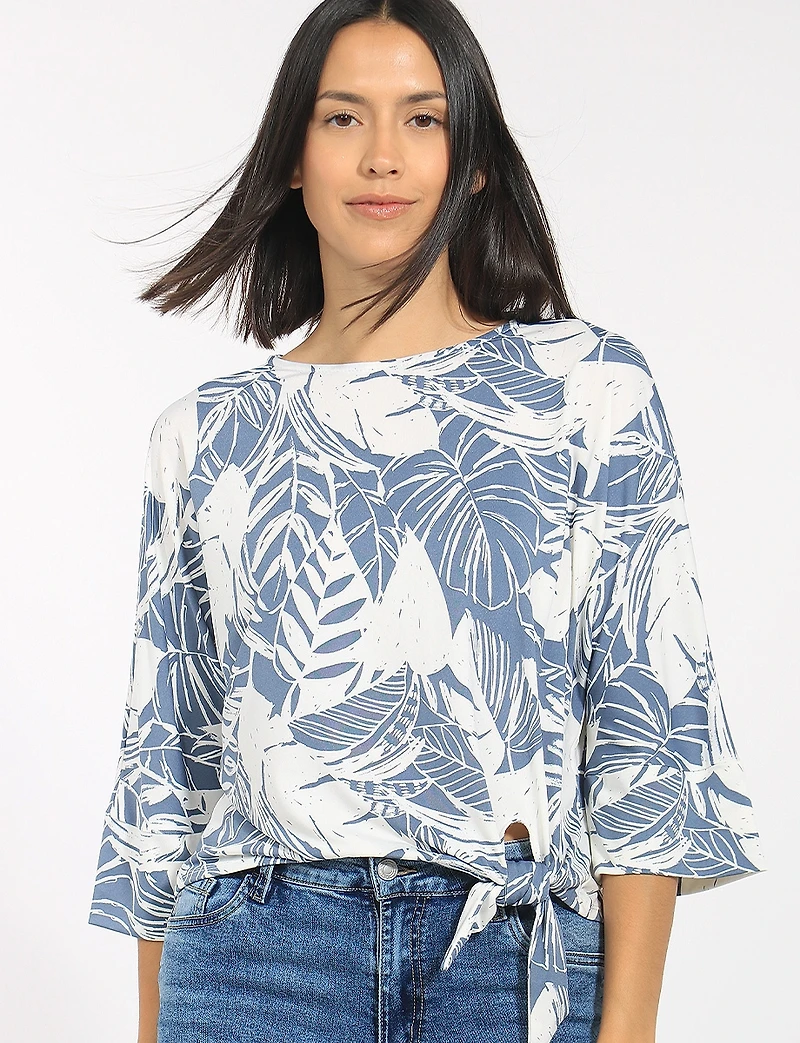 Tropical Print Crew Neck 3/4 Sleeve Stretch Knit Top with Tie Hem by Perle