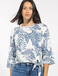 Tropical Print Crew Neck 3/4 Sleeve Stretch Knit Top with Tie Hem by Perle