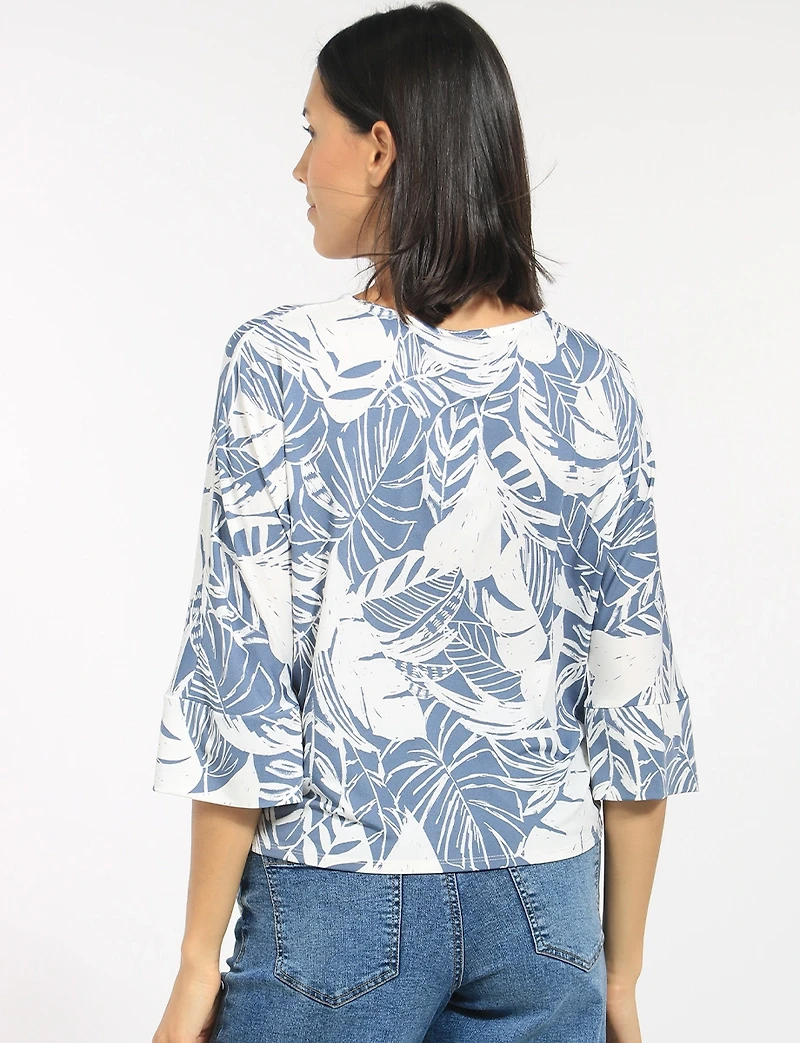 Tropical Print Crew Neck 3/4 Sleeve Stretch Knit Top with Tie Hem by Perle