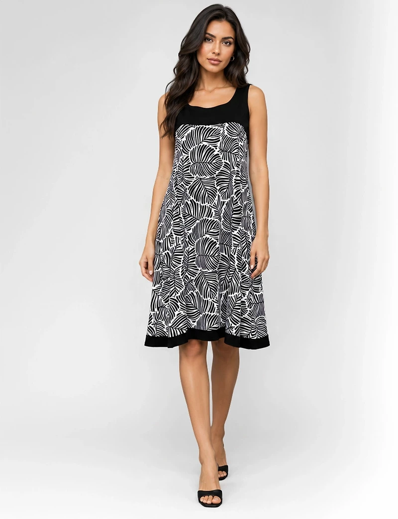 Wrinkle-Resistant Sleeveless Monochrome Printed A-Line Dress by Perle