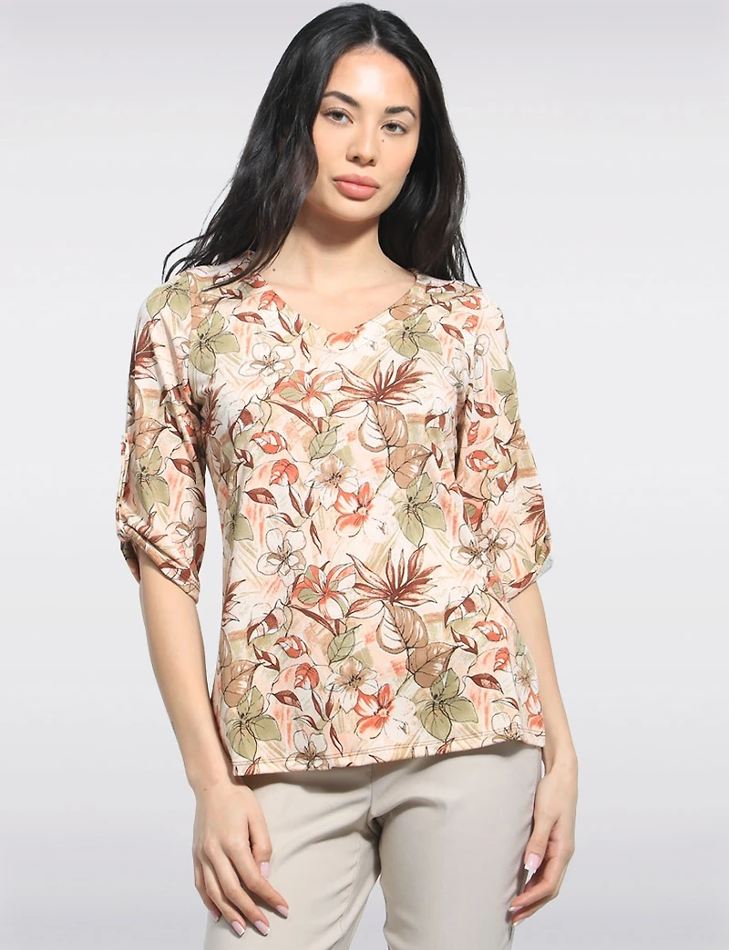Perle Wrinkle-Resistant Botanical Print V-Neck Stretch Top with Elbow Sleeves