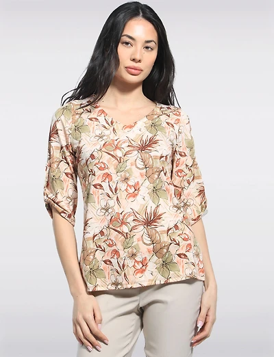 Perle Wrinkle-Resistant Botanical Print V-Neck Stretch Top with Elbow Sleeves