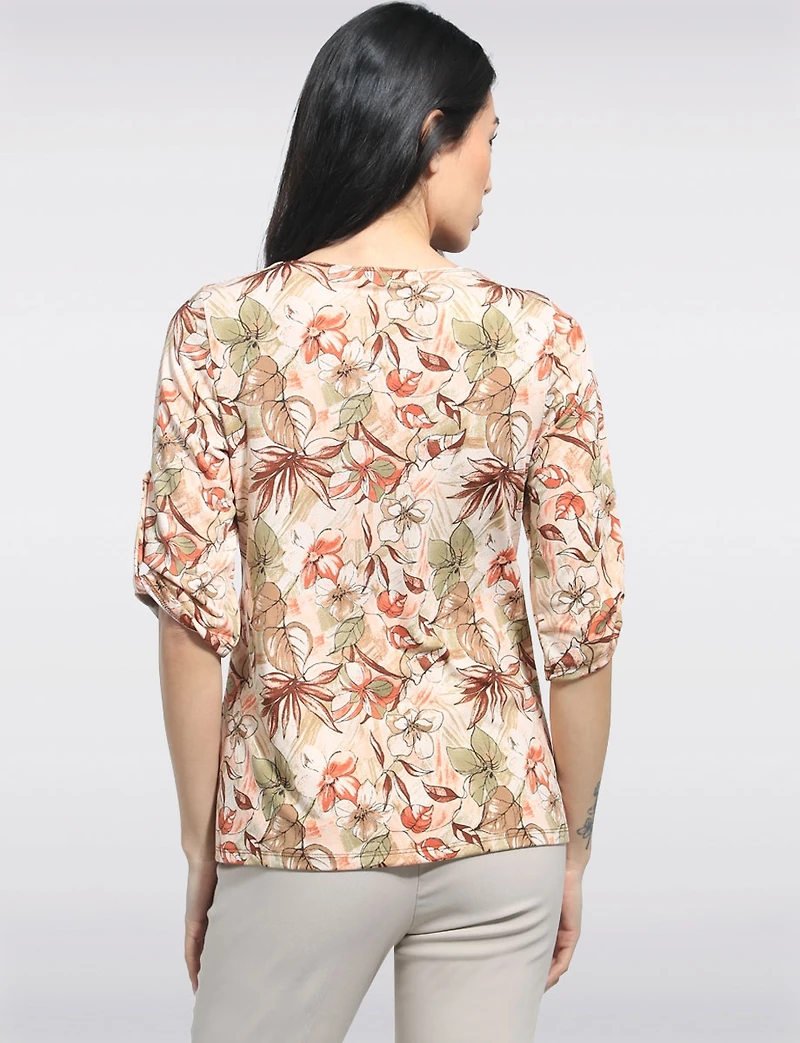 Perle Wrinkle-Resistant Botanical Print V-Neck Stretch Top with Elbow Sleeves