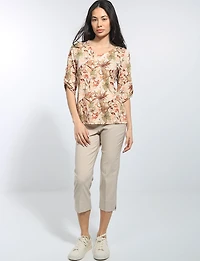 Perle Wrinkle-Resistant Botanical Print V-Neck Stretch Top with Elbow Sleeves