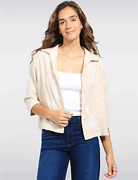 Straight Fit Cropped Floral Embroidery 3/4 Sleeve Button-Down Jacket by Devia