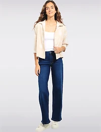 Straight Fit Cropped Floral Embroidery 3/4 Sleeve Button-Down Jacket by Devia