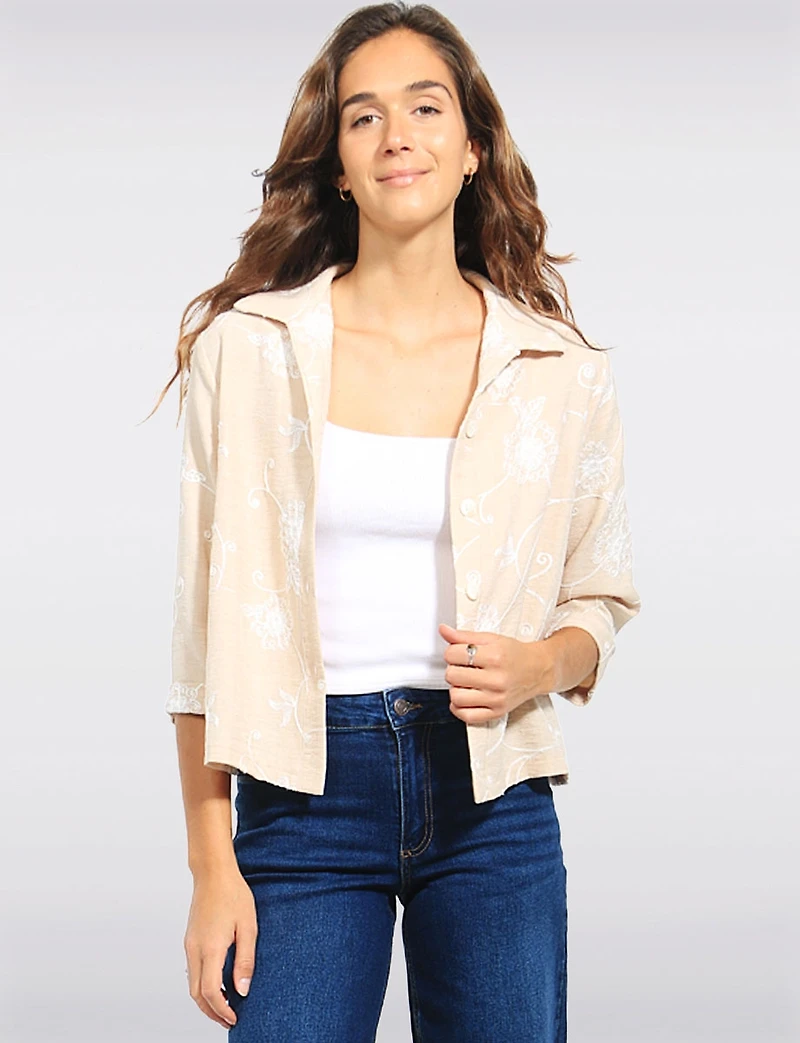 Straight Fit Cropped Floral Embroidery 3/4 Sleeve Button-Down Jacket by Devia