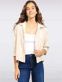 Straight Fit Cropped Floral Embroidery 3/4 Sleeve Button-Down Jacket by Devia