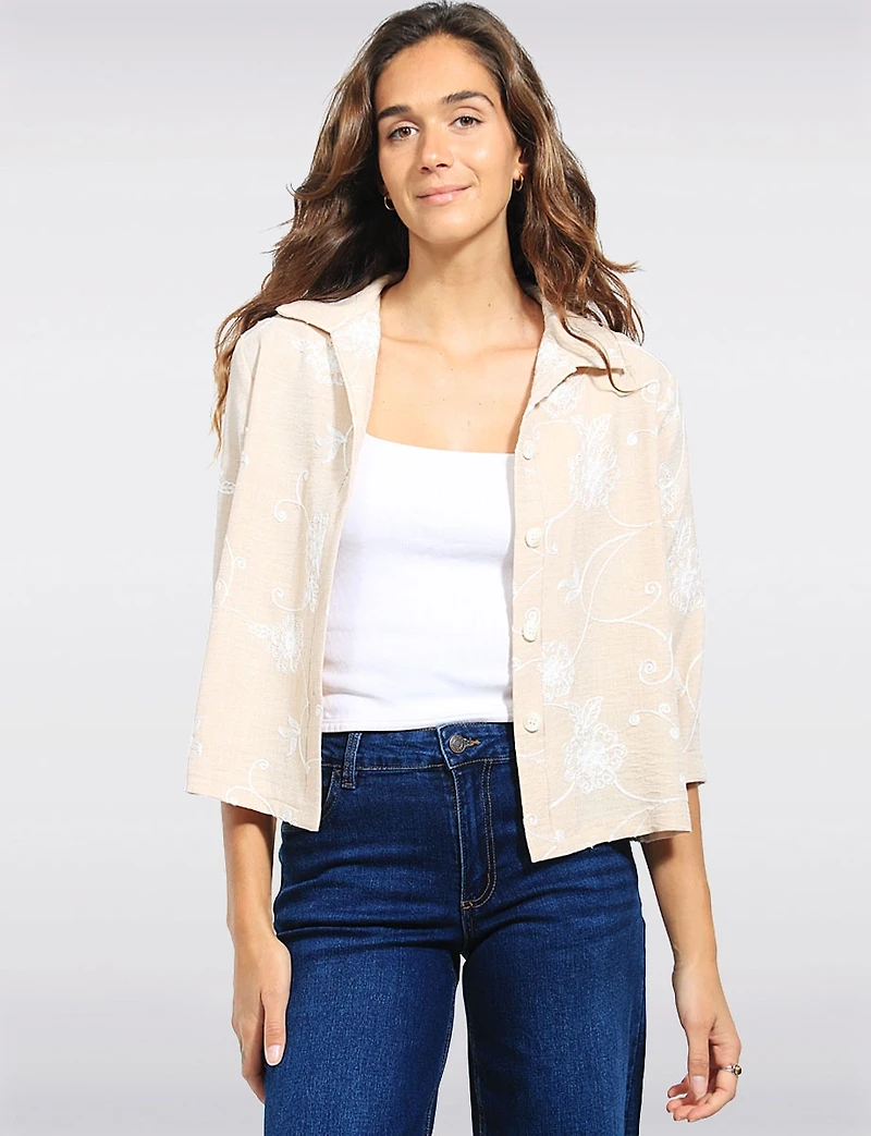 Straight Fit Cropped Floral Embroidery 3/4 Sleeve Button-Down Jacket by Devia
