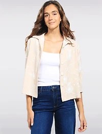 Straight Fit Cropped Floral Embroidery 3/4 Sleeve Button-Down Jacket by Devia