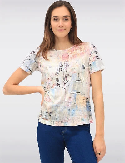 Floral Patchwork Print 3/4 Sleeve Knit Top with Rhinestones by Beta's Choice