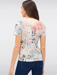 Floral Patchwork Print 3/4 Sleeve Knit Top with Rhinestones by Beta's Choice