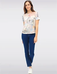 Floral Patchwork Print 3/4 Sleeve Knit Top with Rhinestones by Beta's Choice