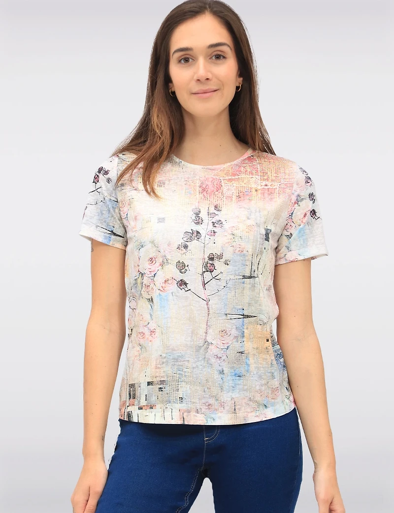 Floral Patchwork Print 3/4 Sleeve Knit Top with Rhinestones by Beta's Choice