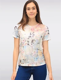Floral Patchwork Print 3/4 Sleeve Knit Top with Rhinestones by Beta's Choice