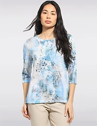 Lightweight Printed Round Neck 3/4 Sleeve Rhinestones Knit Top by Beta's Choice