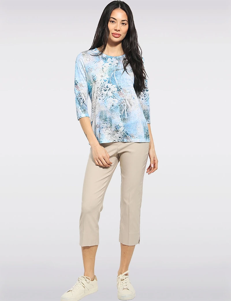 Lightweight Printed Round Neck 3/4 Sleeve Rhinestones Knit Top by Beta's Choice