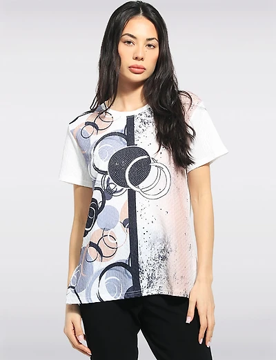Crinkled Abstract Circle Print Short-Sleeve Top with Studs by Fashion Collection