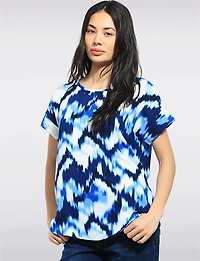 Flowy Abstract Print Top with Cap Sleeves and Rounded Hemline by Ninety Clothing