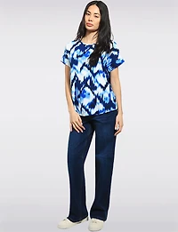 Flowy Abstract Print Top with Cap Sleeves and Rounded Hemline by Ninety Clothing