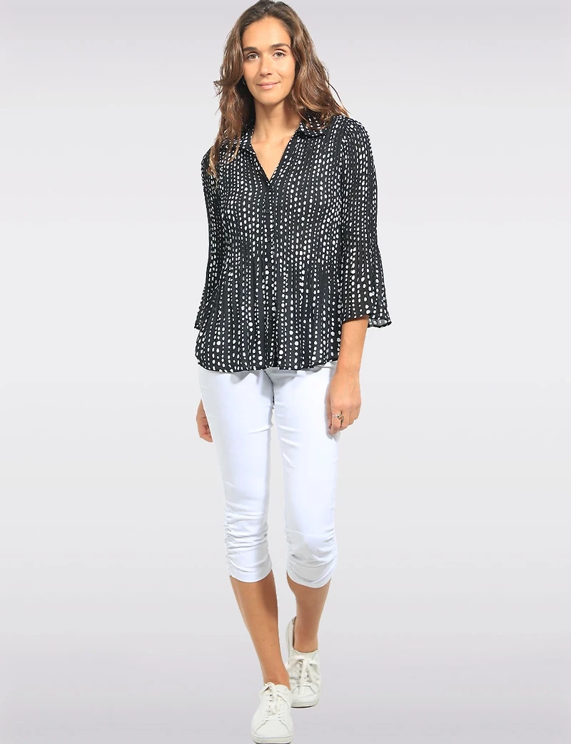 Chic Polka Dot Pleated Button-Down Top with Flared Sleeves by Ninety Clothing