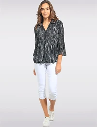 Chic Polka Dot Pleated Button-Down Top with Flared Sleeves by Ninety Clothing