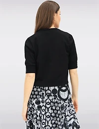 Basic Open-Front Cropped Knit Shrug with Buttoned 3/4 Sleeves by Ninety Clothing