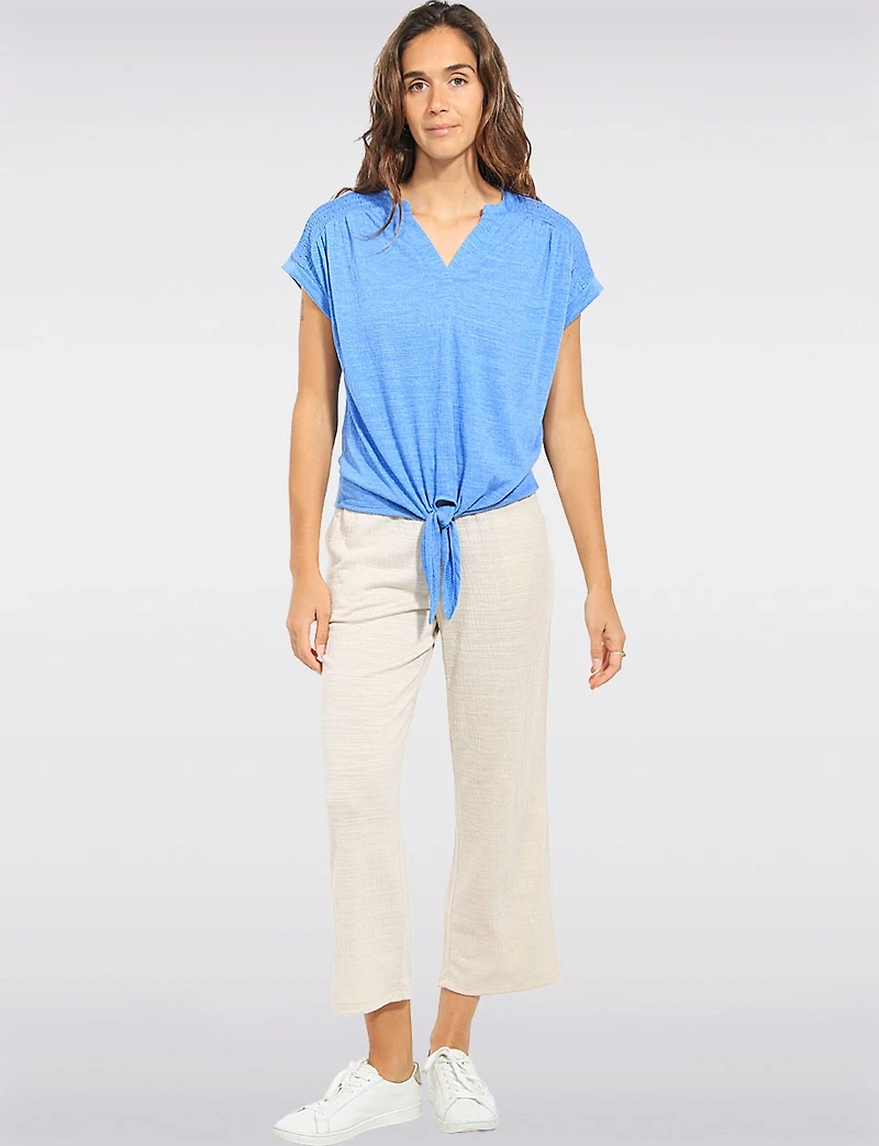 Chic Split V-Neck Short-Sleeve Knit Top with Tie-Front Detail by Ninety Clothing