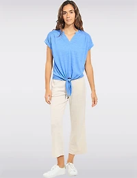 Chic Split V-Neck Short-Sleeve Knit Top with Tie-Front Detail by Ninety Clothing