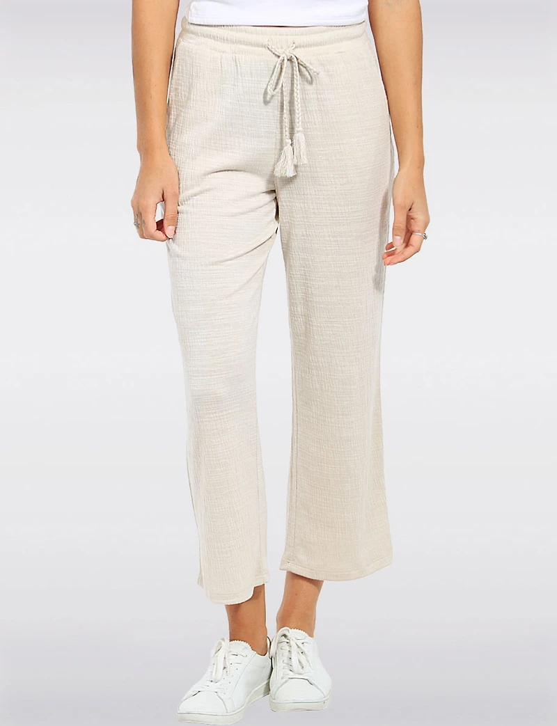 Crinkled Pull-On Cropped Pants with Tassel-Tie & Pockets by Ninety Clothing