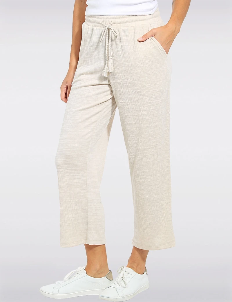 Crinkled Pull-On Cropped Pants with Tassel-Tie & Pockets by Ninety Clothing