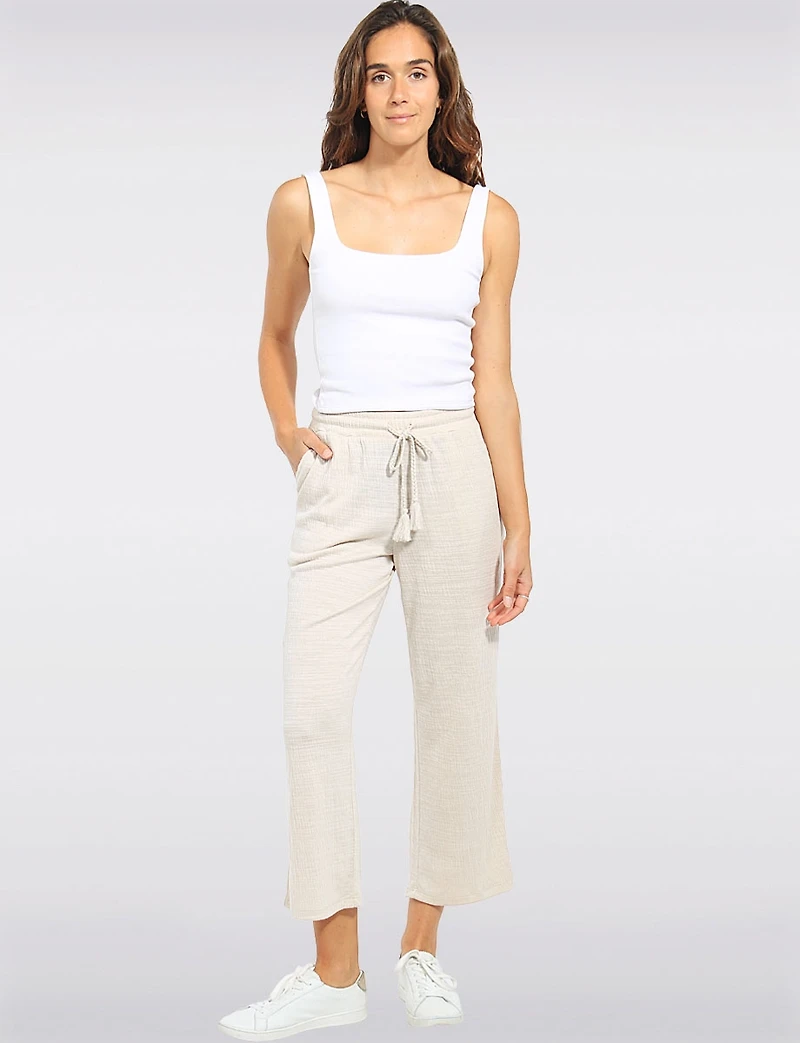 Crinkled Pull-On Cropped Pants with Tassel-Tie & Pockets by Ninety Clothing