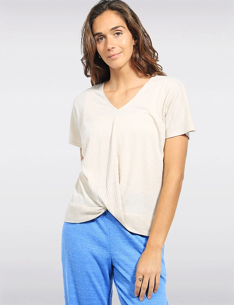 Chic Heathered V-Neck with Twist Front Detail & Short Sleeves by Ninety