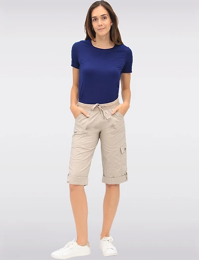 Cotton Stretch Utility Capri Pants with Roll-Cuff Hem & Cargo Pockets by Dash