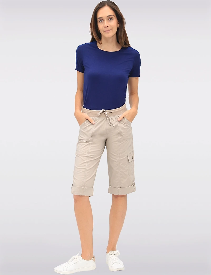 Cotton Stretch Utility Capri Pants with Roll-Cuff Hem & Cargo Pockets by Dash