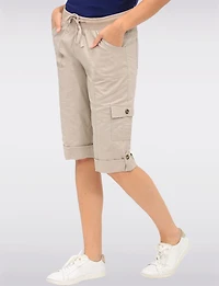 Cotton Stretch Utility Capri Pants with Roll-Cuff Hem & Cargo Pockets by Dash
