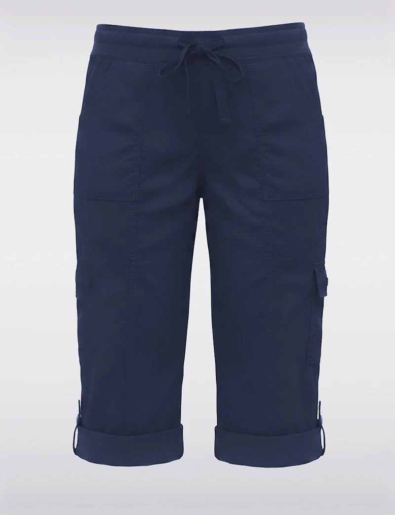 Cotton Stretch Utility Capri Pants with Roll-Cuff Hem & Cargo Pockets by Dash