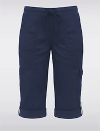 Cotton Stretch Utility Capri Pants with Roll-Cuff Hem & Cargo Pockets by Dash