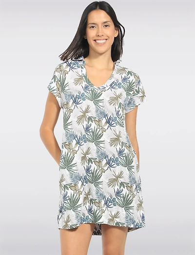 Tropical Print Collared V-Neck Short-Sleeve Linen Blend Dress by Dash