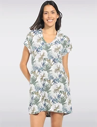 Tropical Print Collared V-Neck Short-Sleeve Linen Blend Dress by Dash