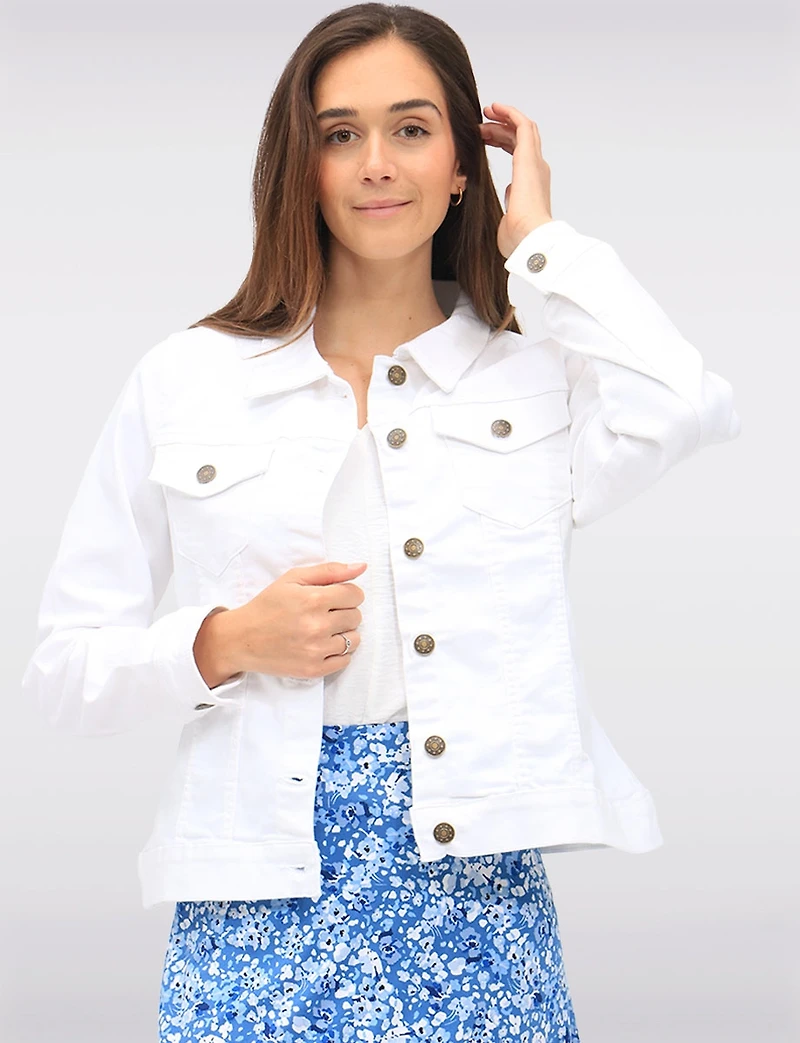 Classic Solid White Cotton Denim Button-Front Trucker Jacket and Pockets by Dash