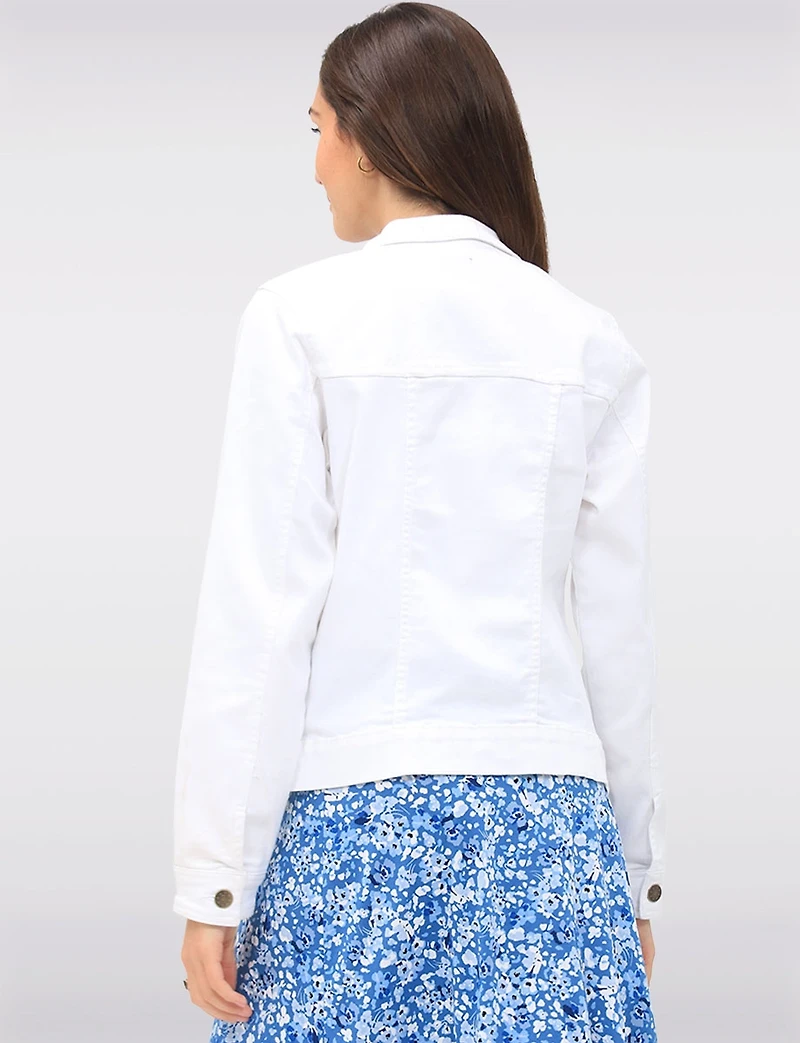Classic Solid White Cotton Denim Button-Front Trucker Jacket and Pockets by Dash