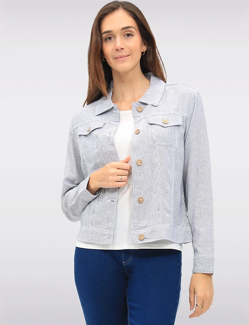Lightweight Linen-Blend Pinstripe Trucker Casual Jacket and Pockets by Dash