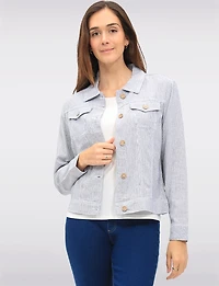 Lightweight Linen-Blend Pinstripe Trucker Casual Jacket and Pockets by Dash