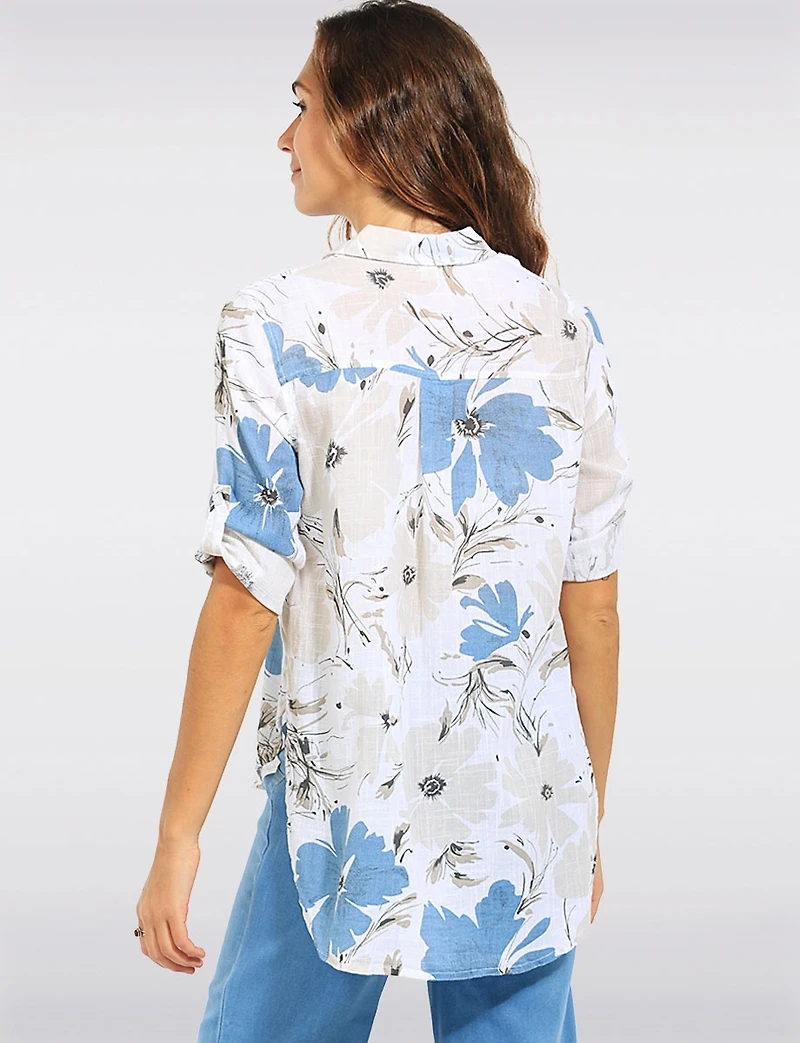 Cotton-Blend Artistic Floral Button-Down 3/4 Sleeve Roll-Tab Shirt by Dash