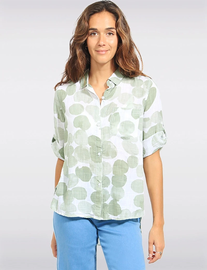 Lightweight Cotton Polka Dot Print 3/4 Sleeves Button-Up Roll-Tab Shirt by Dash