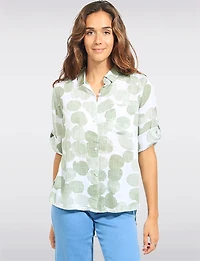Lightweight Cotton Polka Dot Print 3/4 Sleeves Button-Up Roll-Tab Shirt by Dash