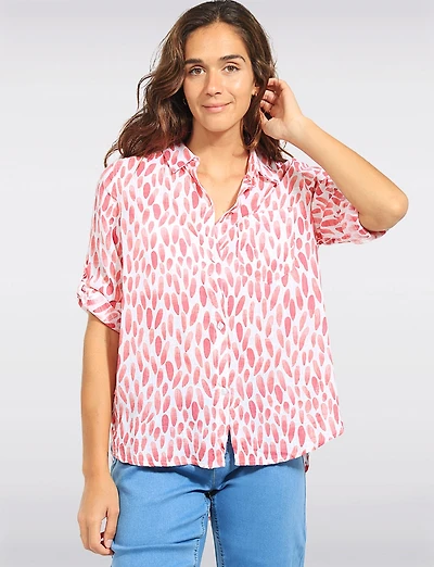 Pink Abstract Print Button-Front 3/4 Seeves Roll-Tab Shirt Blouse by Dash