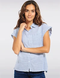 Straight Navy Cotton Stripe Cap Sleeve Button-Front Blouse Shirt by Dash