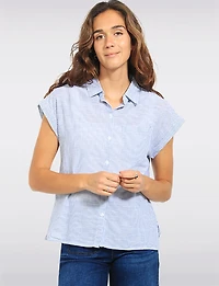 Straight Navy Cotton Stripe Cap Sleeve Button-Front Blouse Shirt by Dash